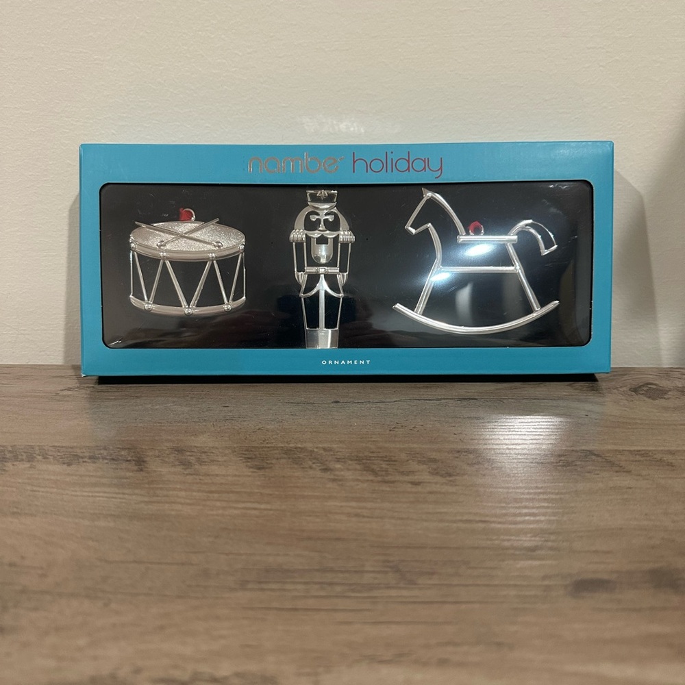 Nambe Silver Ornament Trio - Drum, Nutcracker, Rocking Horse